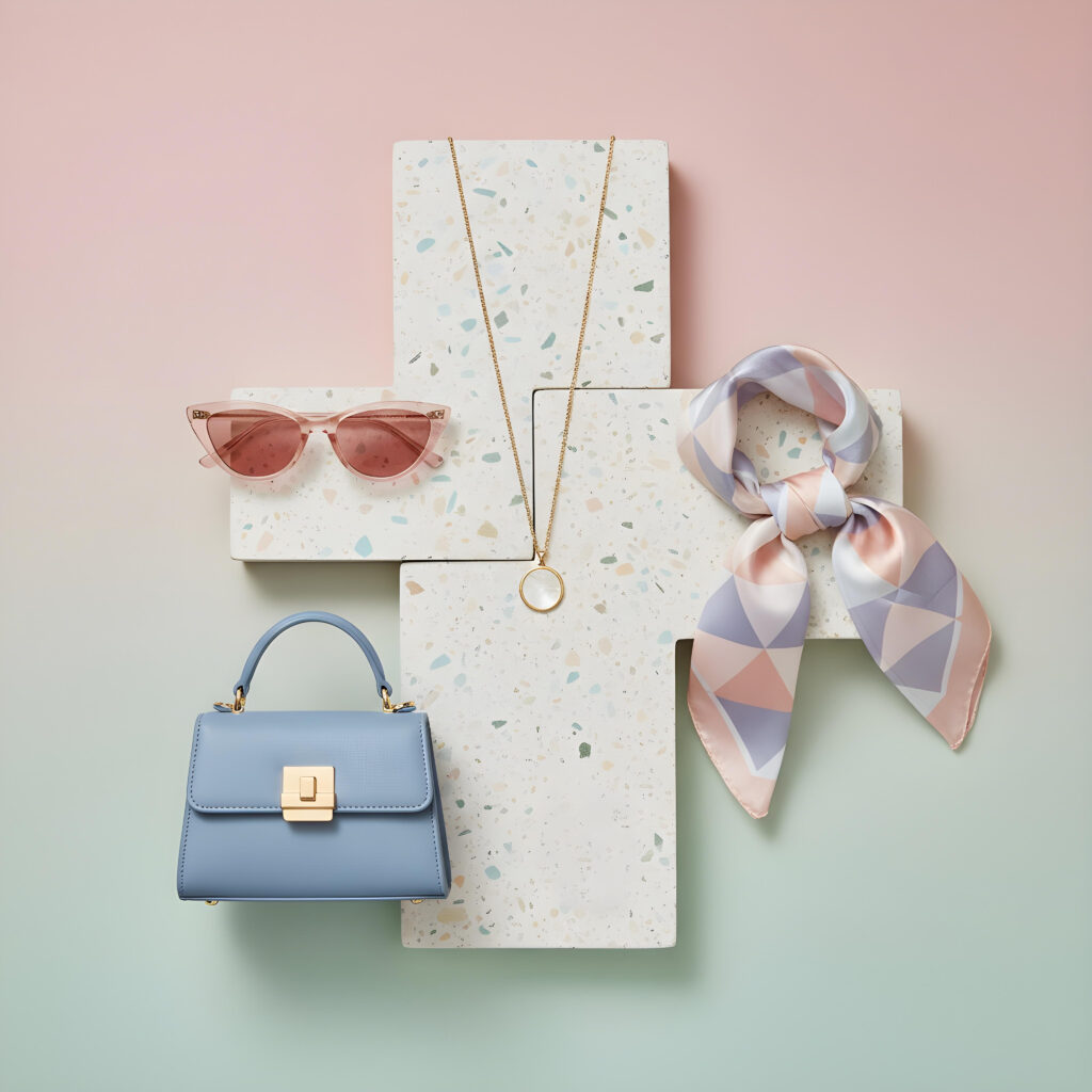 accessories still life with sunglasses bag scarf necklace