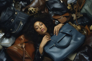 Blog fast fashion concept with woman piles bags